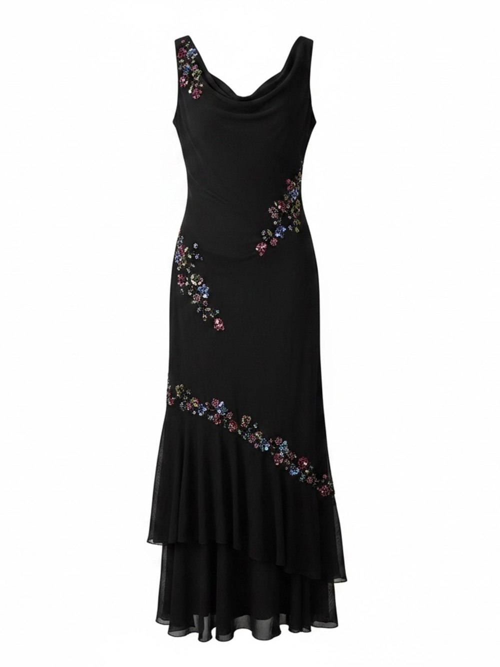 Alex Evenings Black Embroidered Cowl-Neck Maxi Dress